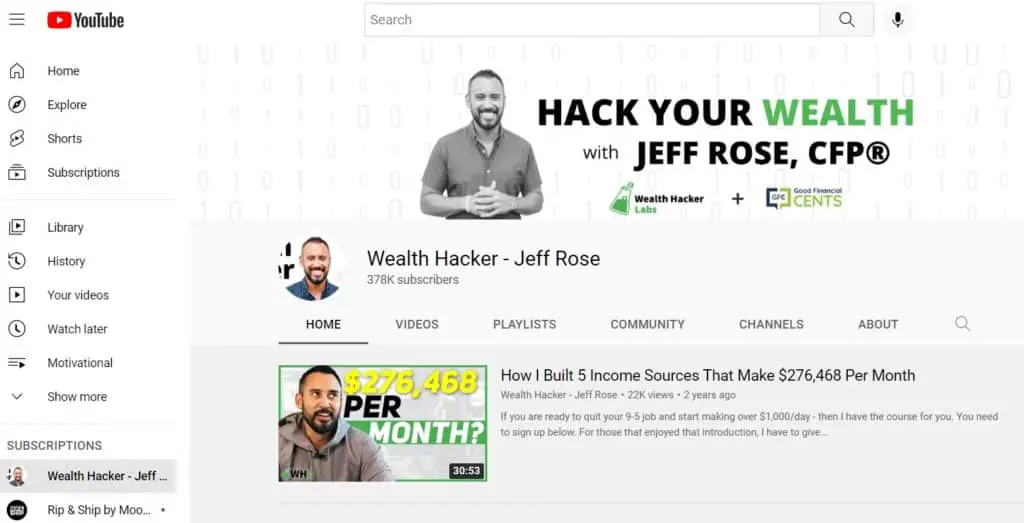 Screenshot of Wealth Hacker YouTube Channel landing page